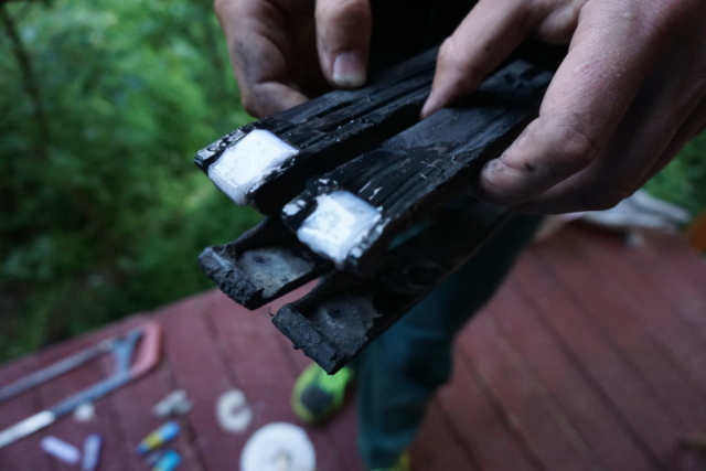 Using pieces of cutting board to fill up our run down chain sliders