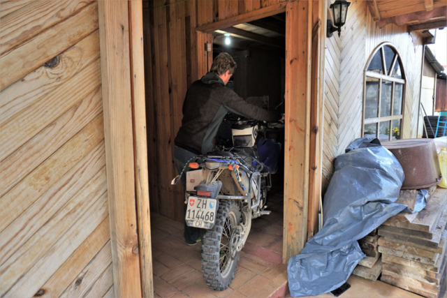 Parking our moto in the hotel room